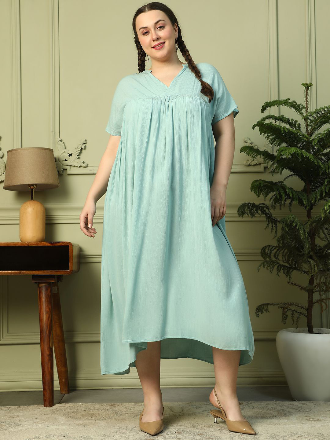 Oxolloxo Plus Size V-Neck Short Sleeve Rayon Crepe Long washed Maxi Dress