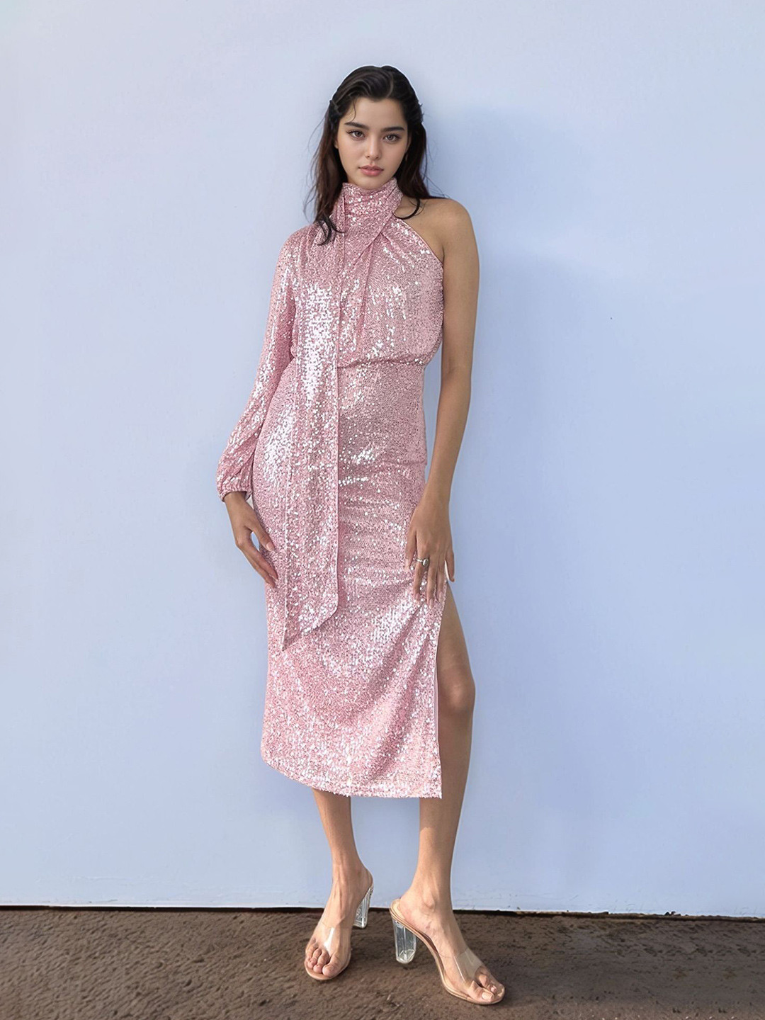 Outzidr Pink Cold Shoulder Sequined Dress