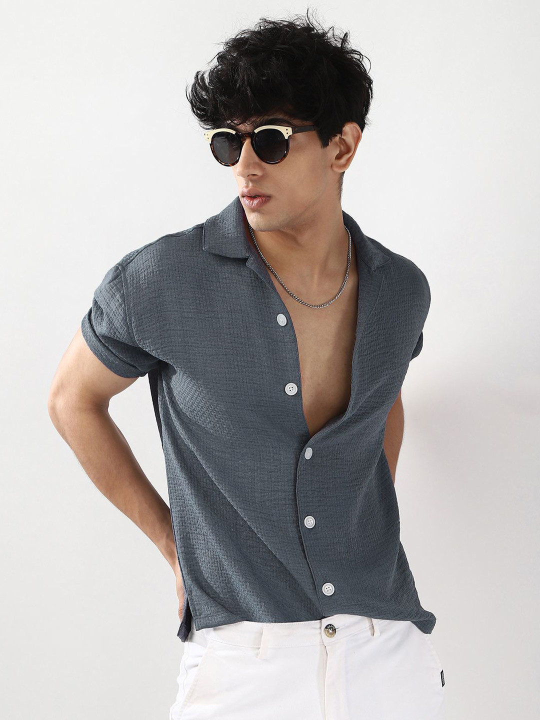 Urbano Fashion Men Slate Blue Textured Cotton Half Sleeve Cuban Collar Oversized Fit Shirt