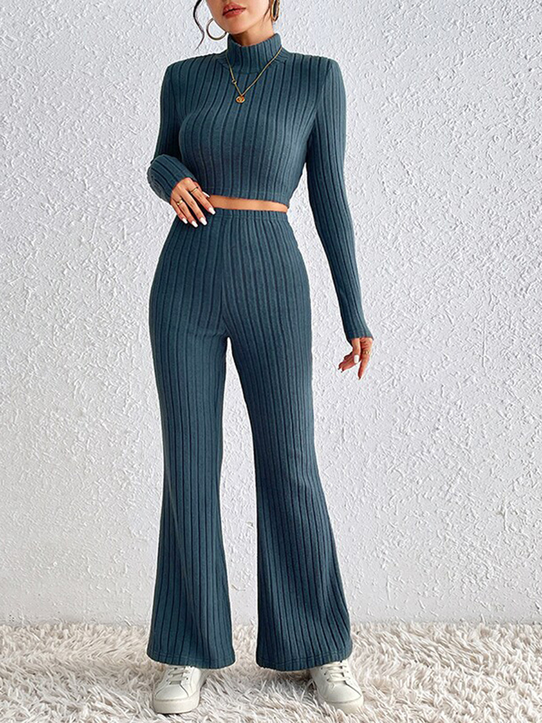 Teal-Blue Striped High Neck Sweater and Palazzos