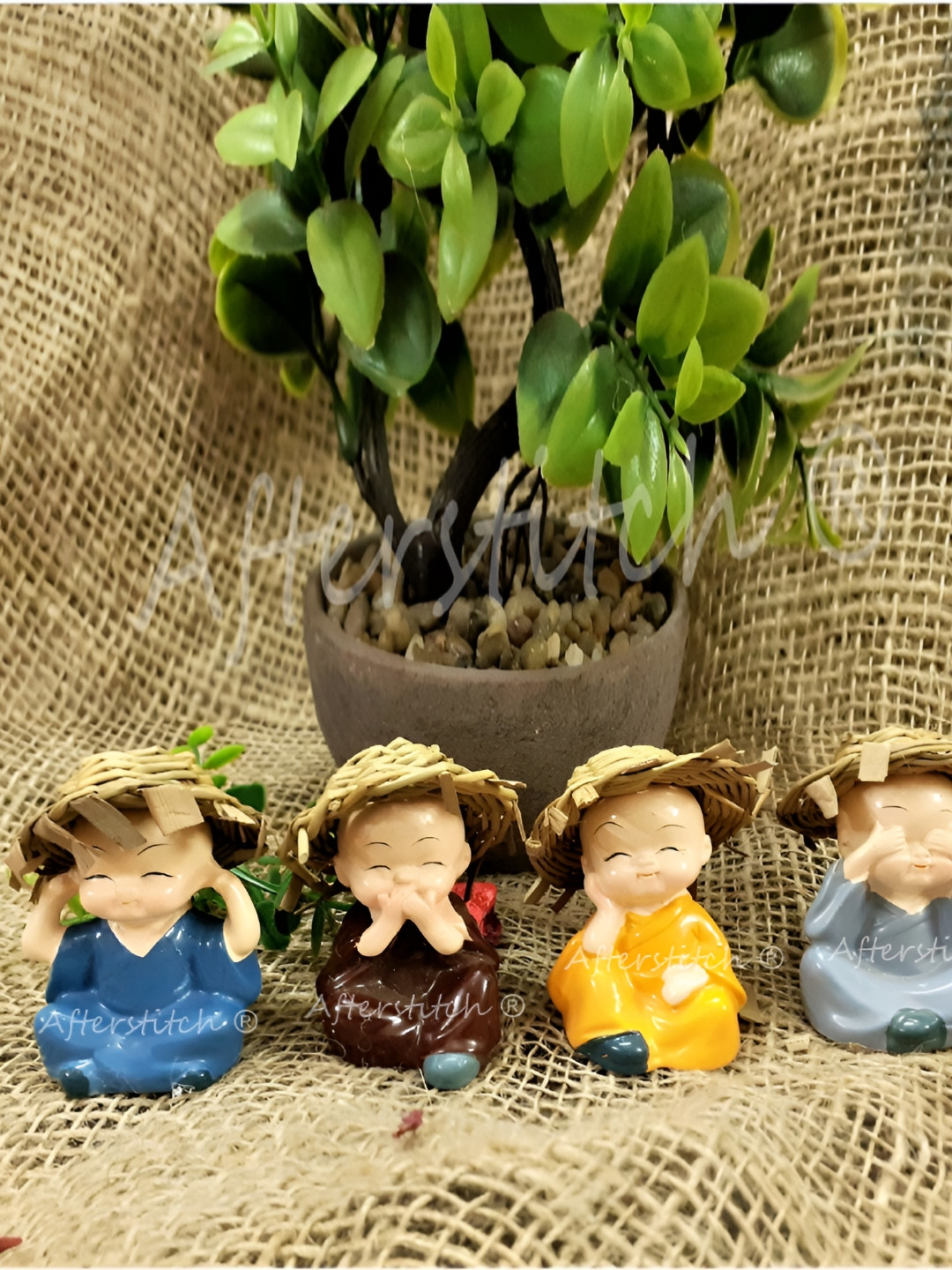 Afterstitch Baby Buddha Monk Blue Polyresin Glossy Prayer Room Set of 4 Small Showpieces - 1.6 Inches