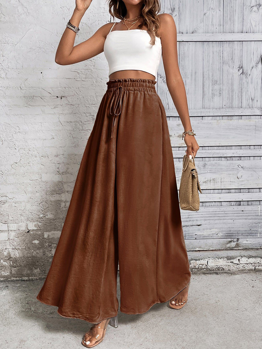 Outzidr Women Brown Relaxed Wide Leg Trousers