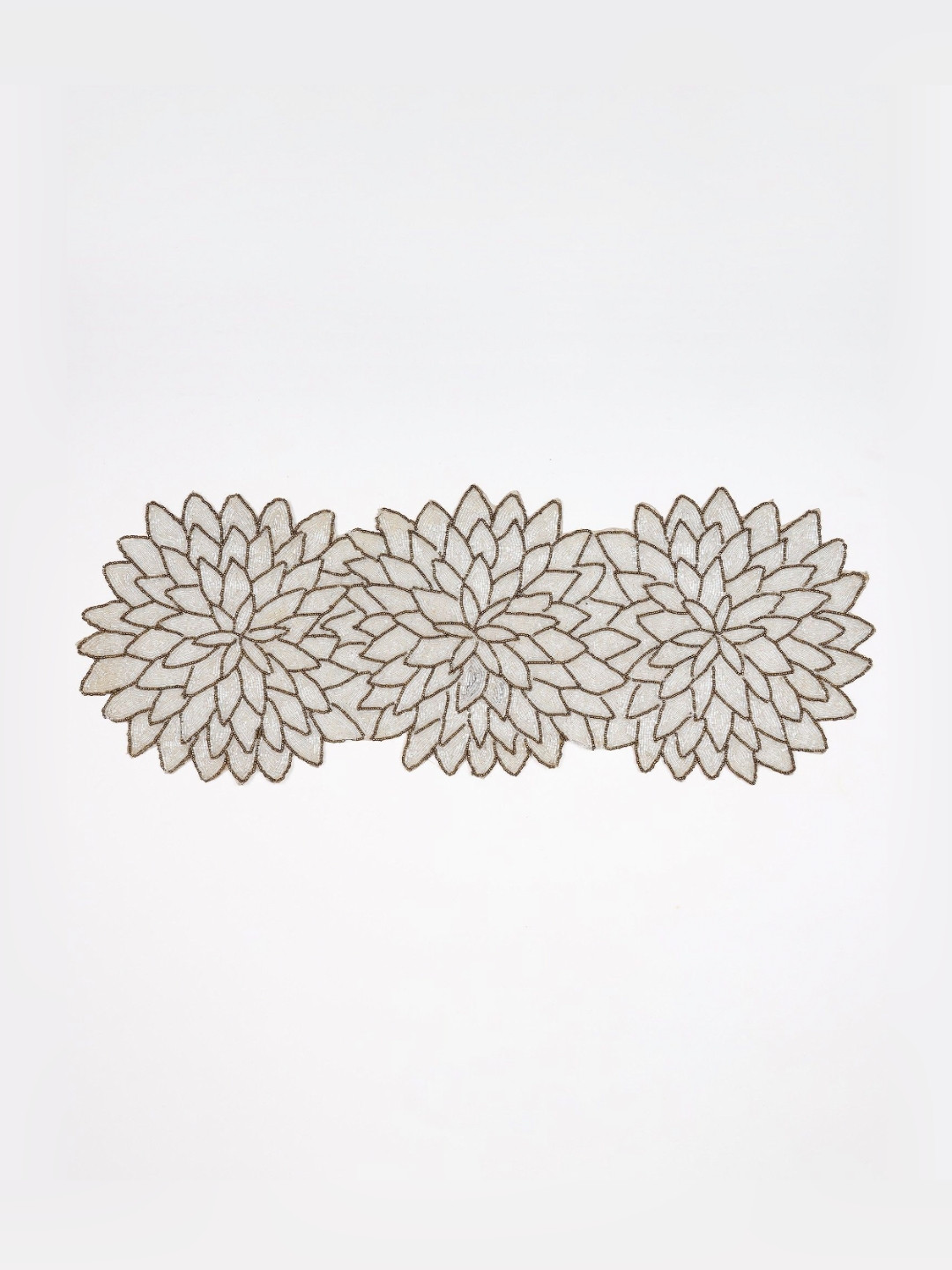 Exotic India White-Gold Glass Beads Work Designer Table Runner