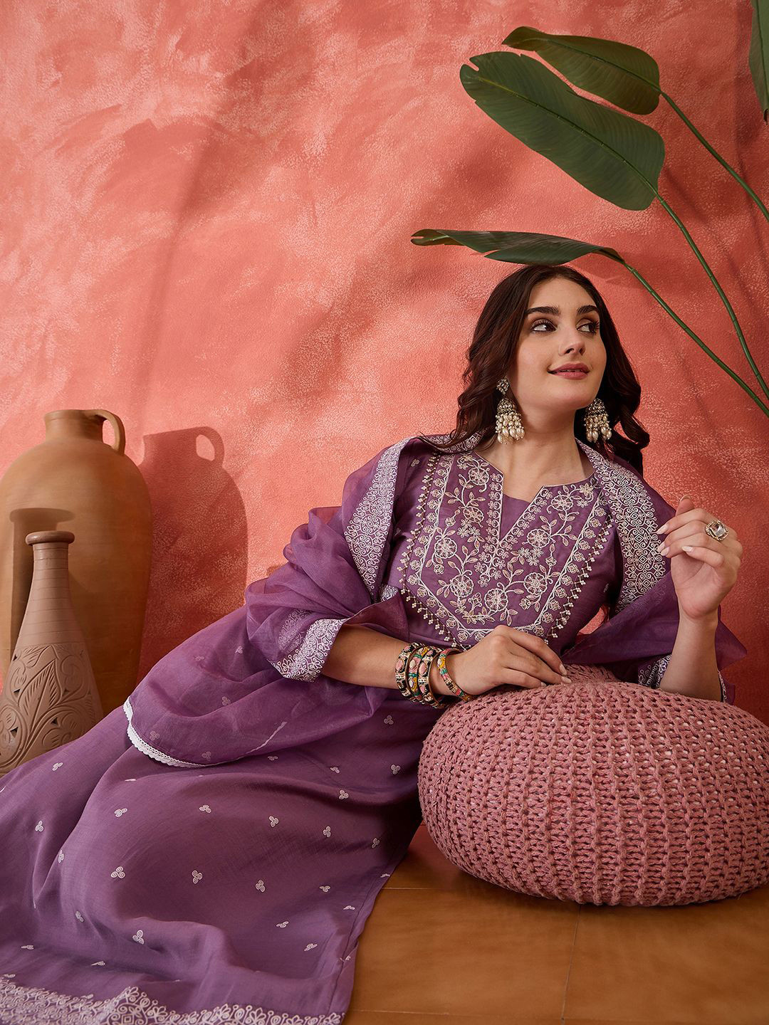 Sangria Women Floral Embroidered Kurta with Trouser & Dupatta