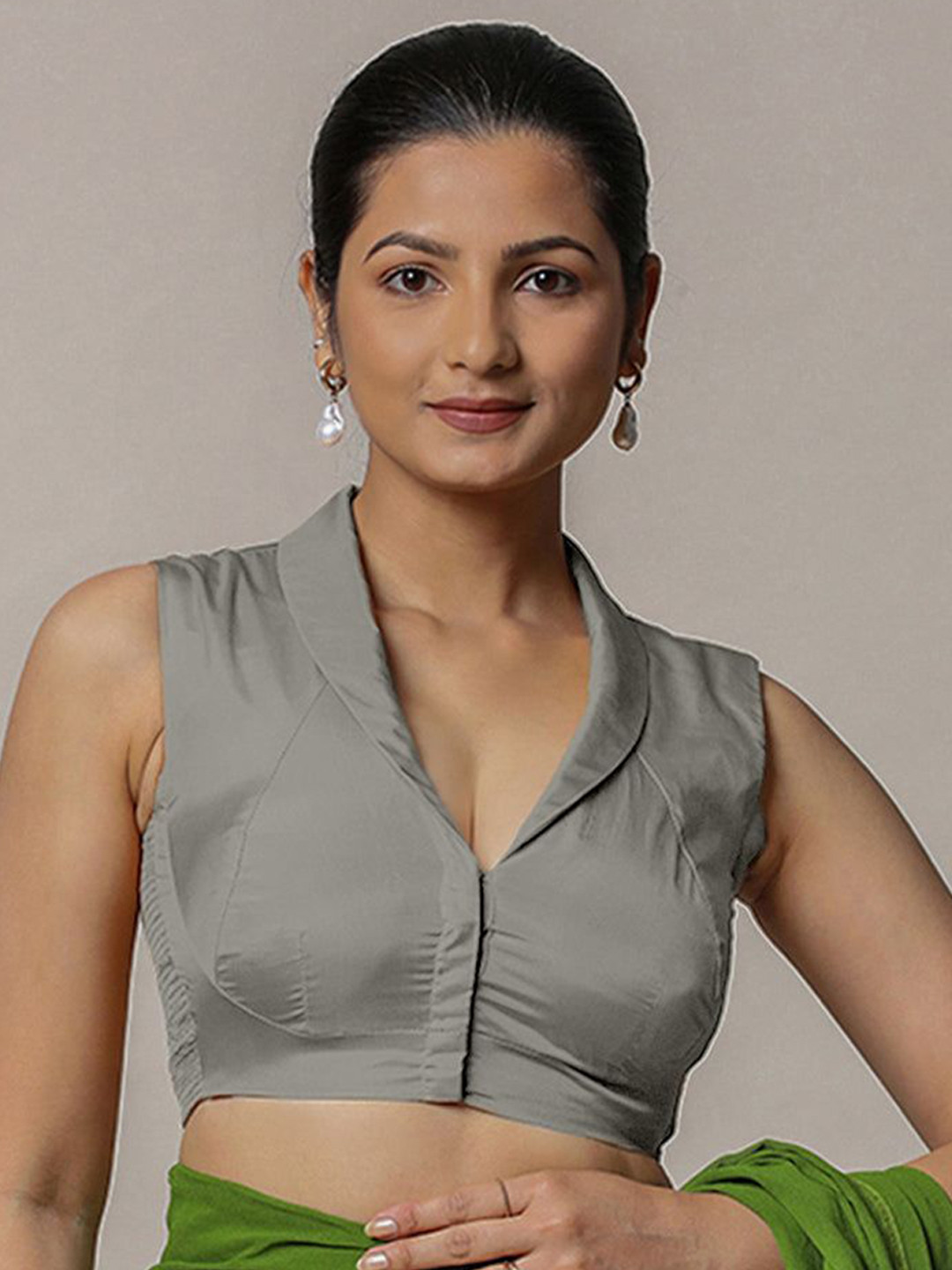 Avni x Rozaana Grey Sleeveless FlexiFit Saree Blouse, Shawl Collar