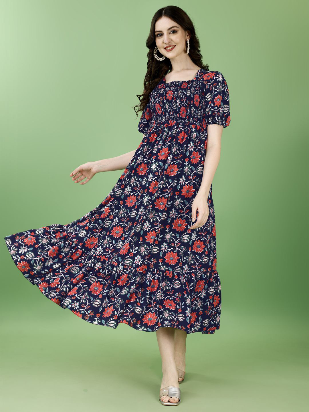 CORSICA Women Floral Printed Smocked Square Neck Fit & Flare Maxi Dress