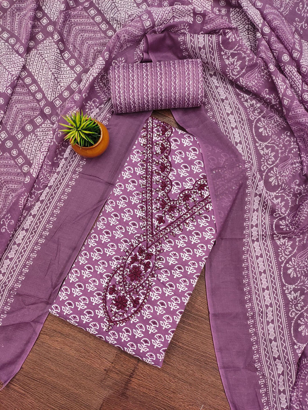 Panzora Floral Printed Embellished Cotton Unstitched Dress Material