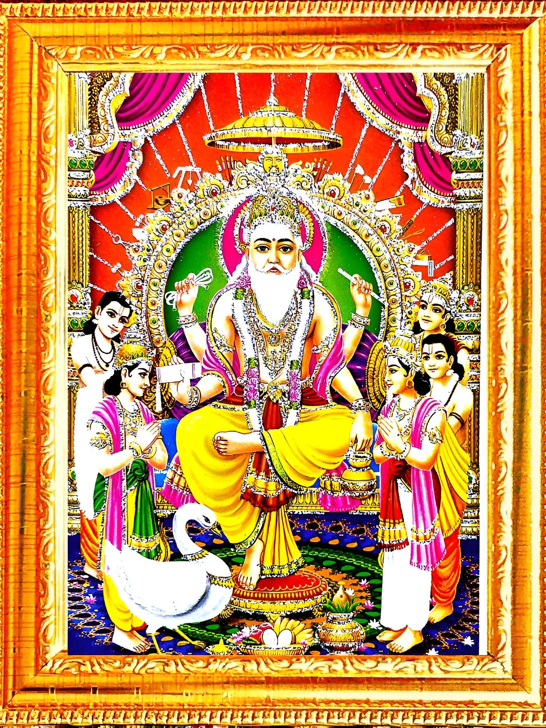 SUNINOW Gold-Toned & Red Vishwakarma Ji Wooden Religious Photo Frame