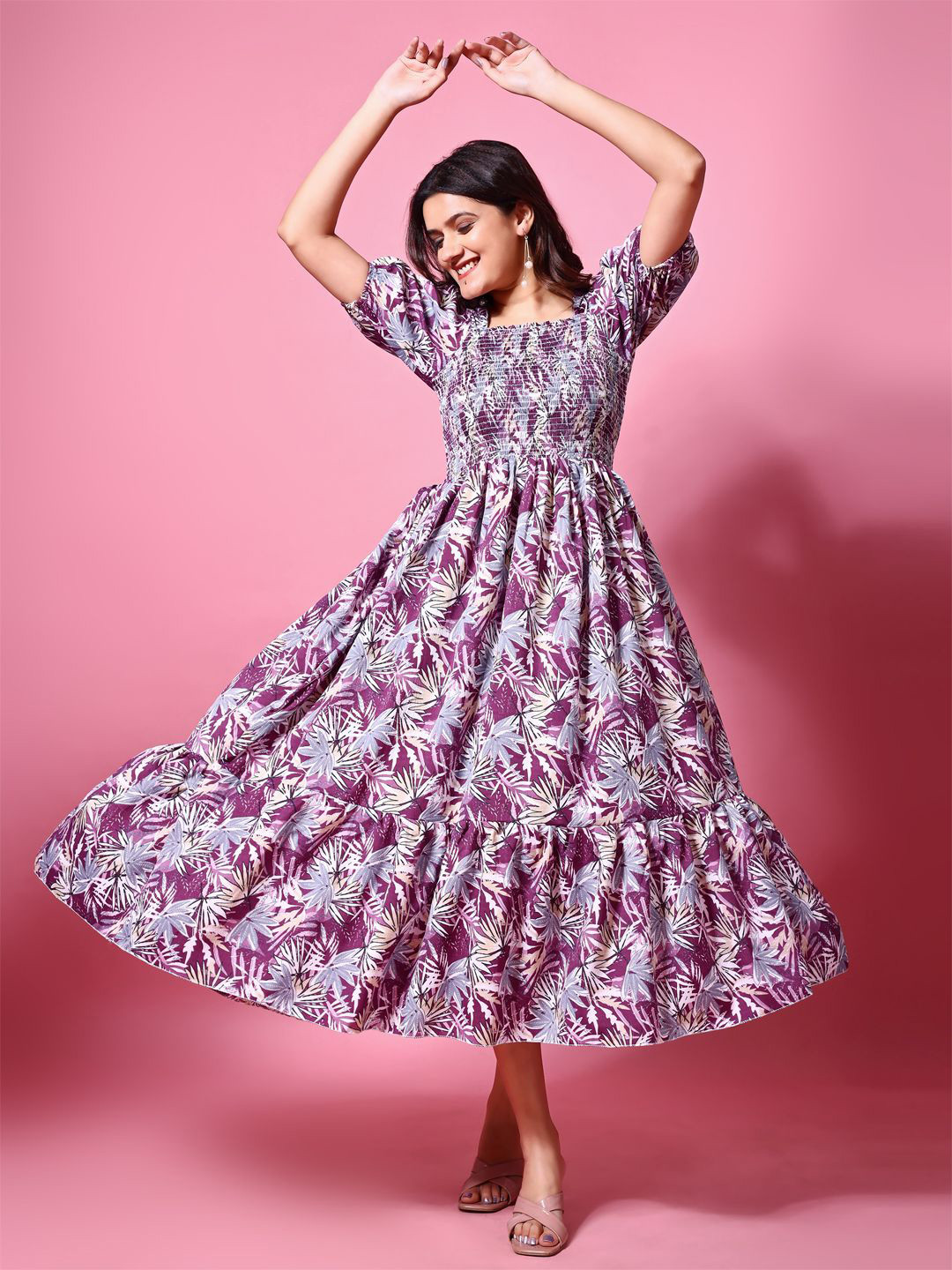 CORSICA Tropical Printed Square Neck Crepe Fit & Flare Midi Dress