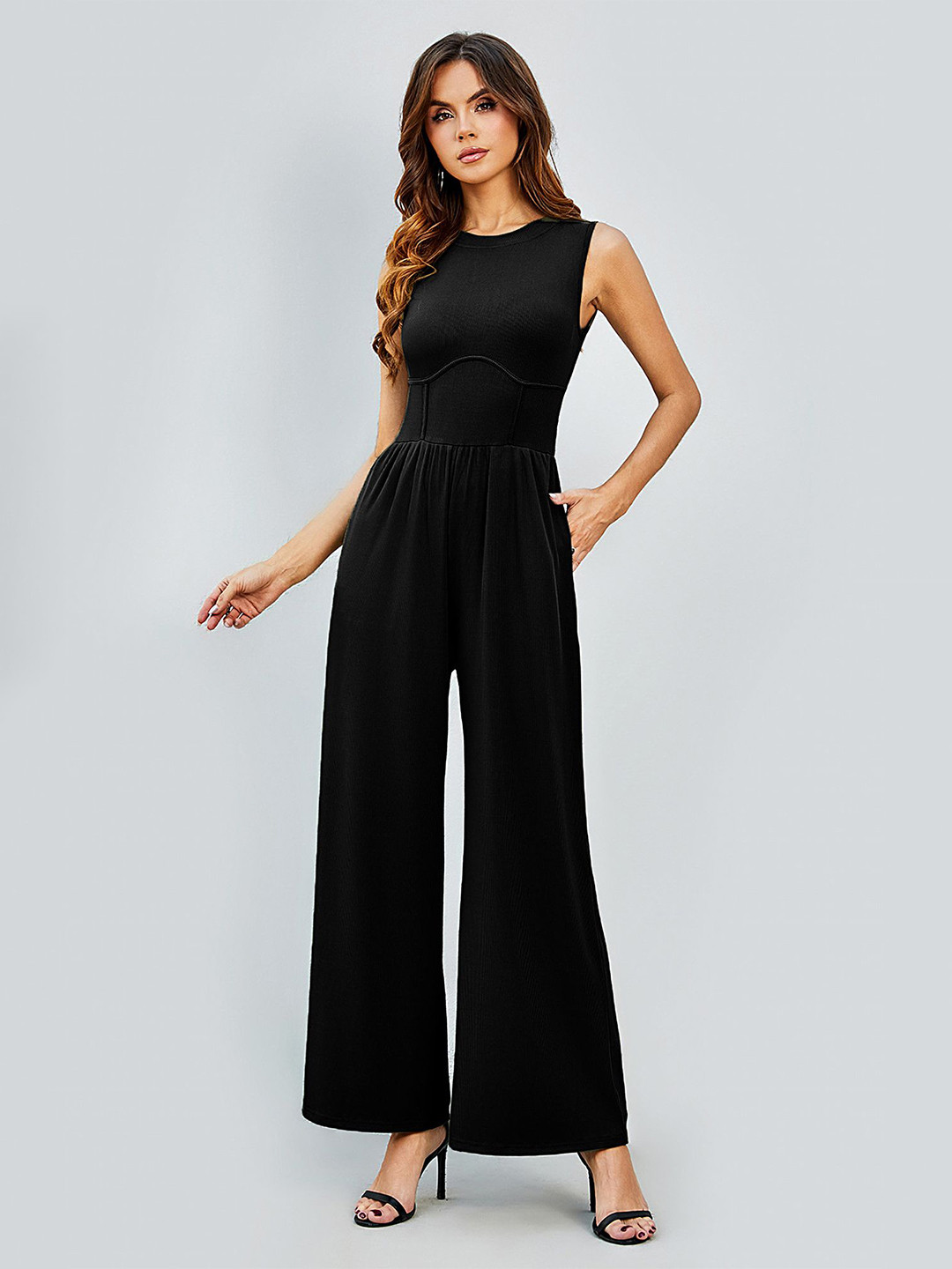 LULU & SKY Round Neck Wide Leg Basic Jumpsuit