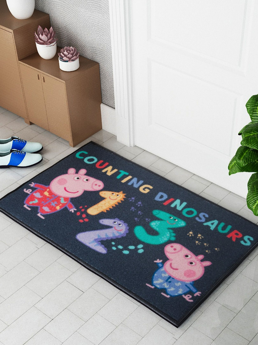 Athom Living Teal & Pink Peppa Pig Counting Dinosaurs Themed Printed Anti-Skid Doormats