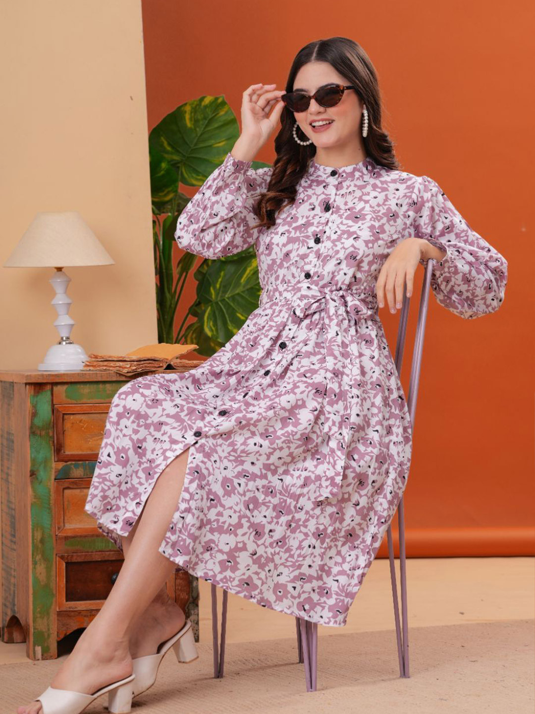 HIGHLIGHT FASHION EXPORT Women Floral Printed Tie-Ups Fit And Flare Midi Dress