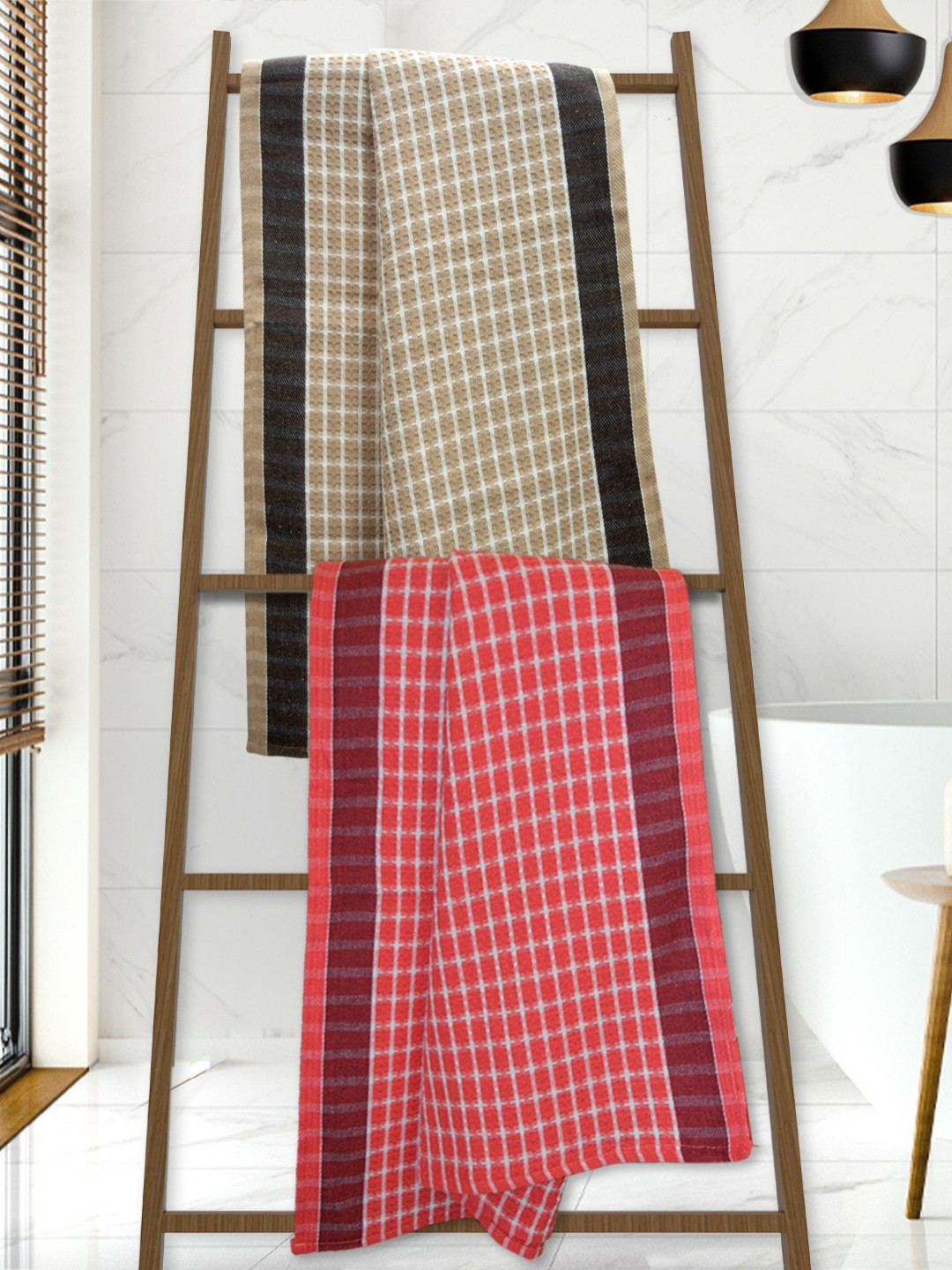 Athom Living Pink & Cream-Colored 2 Pieces Checked Cotton 210 GSM Bath Towels