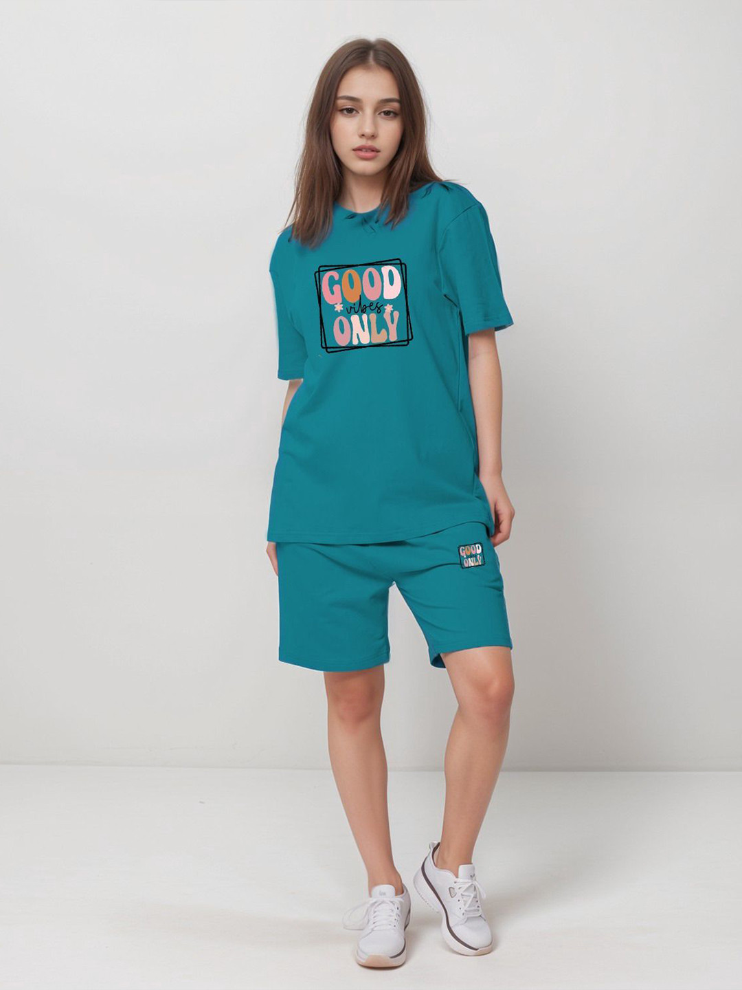 Teal-Blue Printed T-Shirt and Shorts Co-Ords