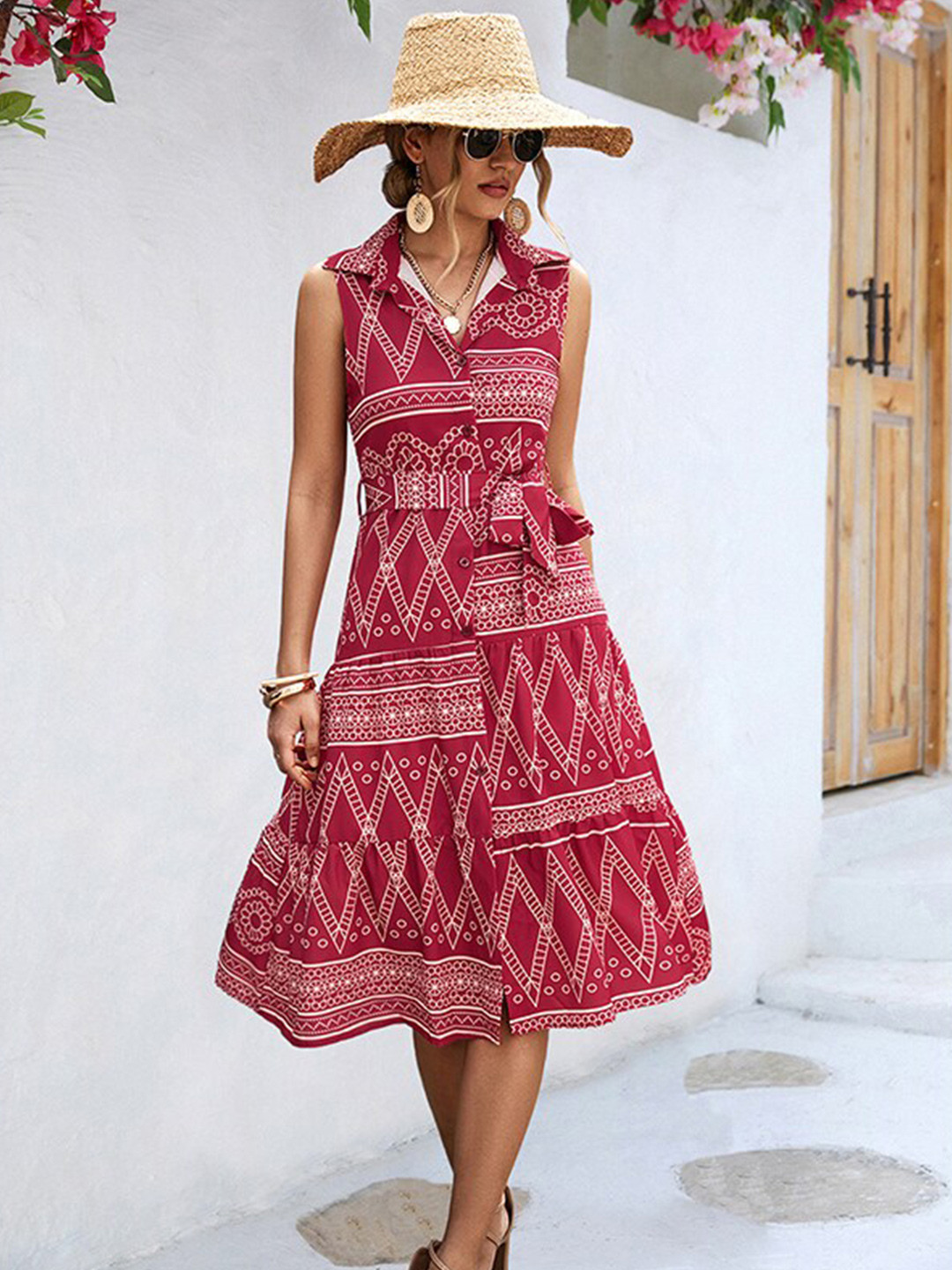 StyleCast Red Geometric Print Shirt Midi Dress
