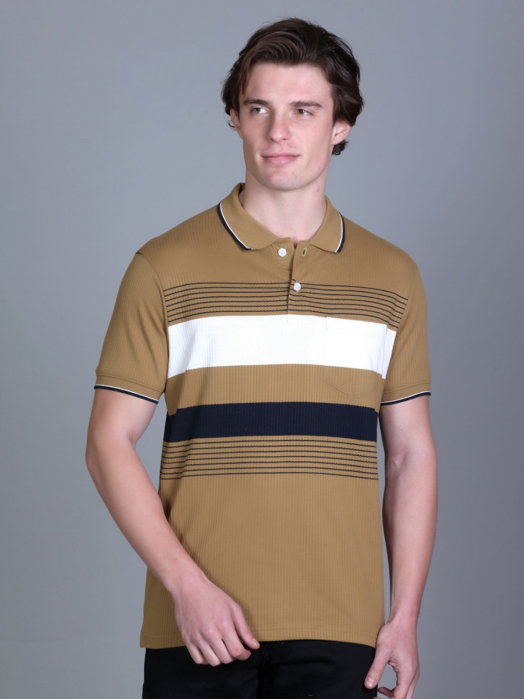 SANE ORIGINALS Men Striped Polo Collar Pockets T-shirt