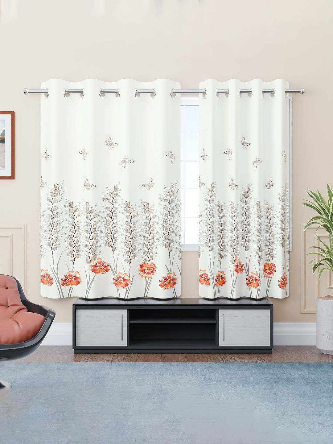 Kuber Industries White & Orange Colored 2 Pieces Floral Printed Window Curtains