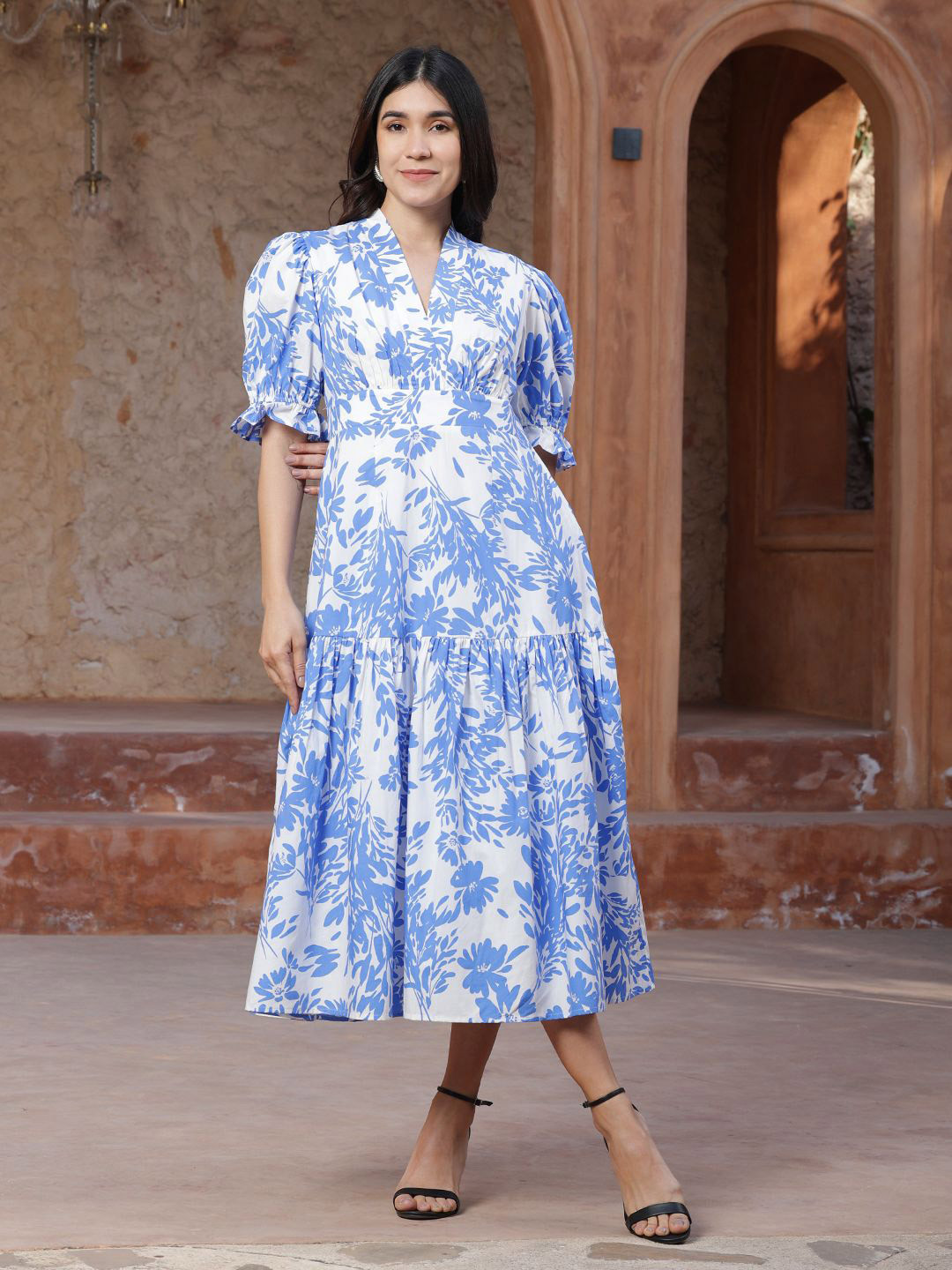 Peppinos Floral Printed Tiered Cotton Fit & Flare Midi Dress