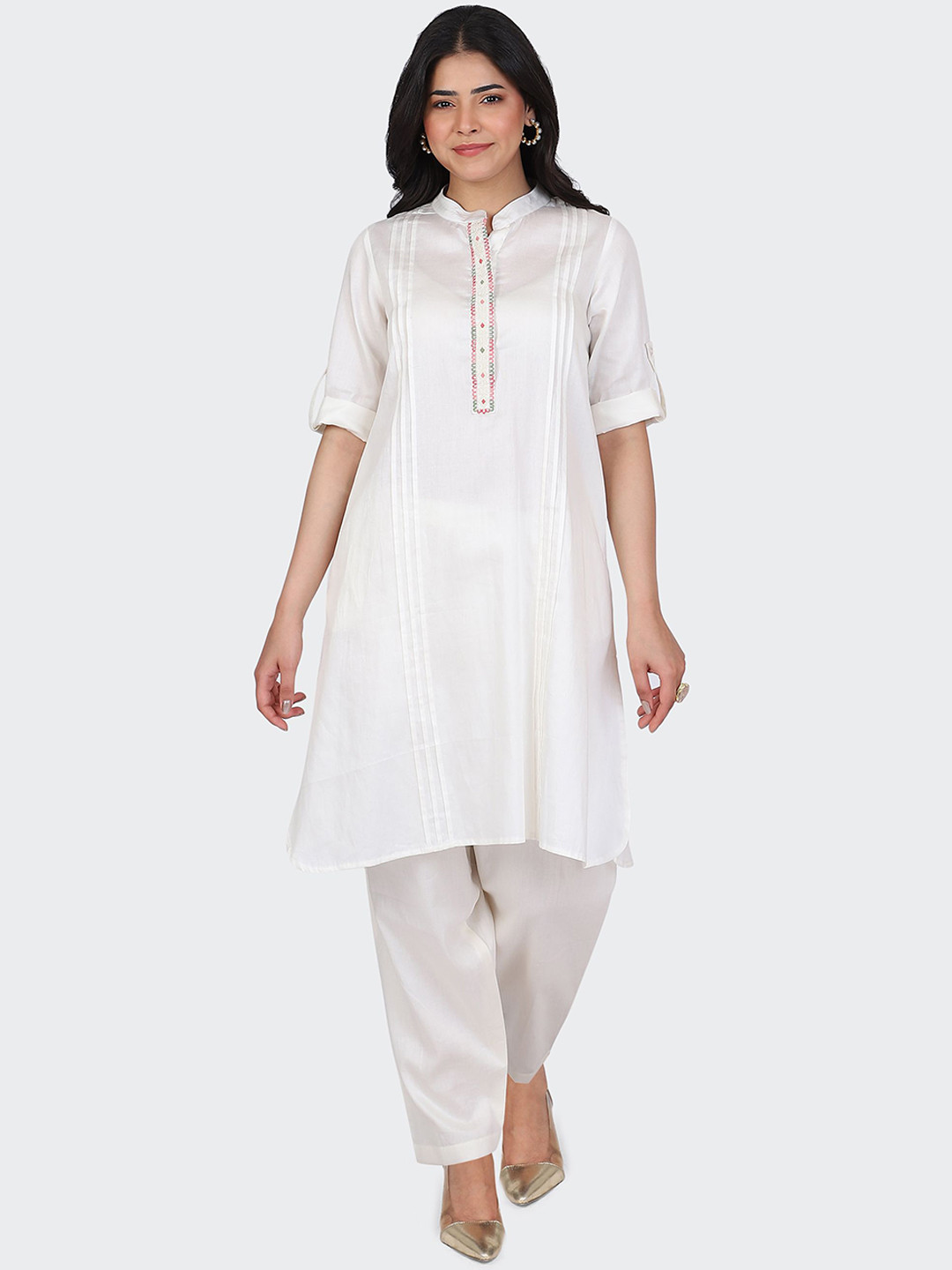 HUE & HIDE Embroidered Thread Work Pure Cotton Straight Kurta with Salwar