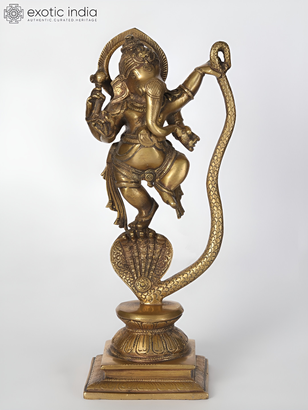 Exotic India Lord Ganesha Dancing on Five-Hooded Serpent Gold Brass Metallic Prayer Room Medium Showpiece - 11.5 Inches