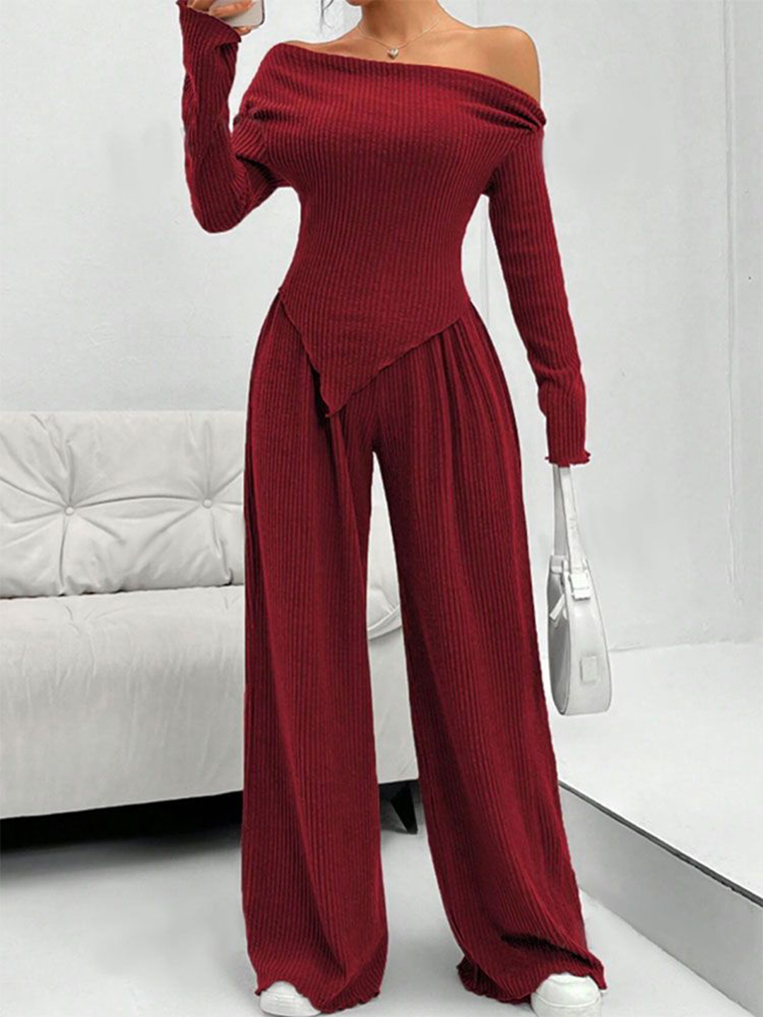 Outzidr Off Shoulder Neck Top With Trousers Co-Ords Set