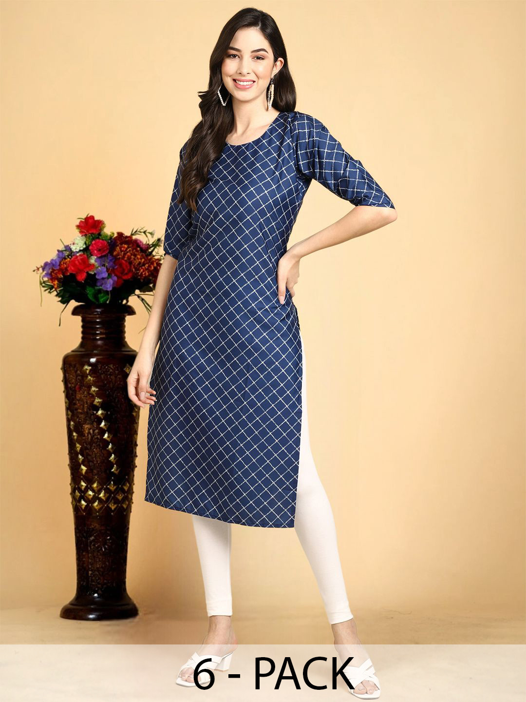 7Threads Women Pack of 6 Viscon Rayon Ethnic Motifs Printed Crepe Kurta