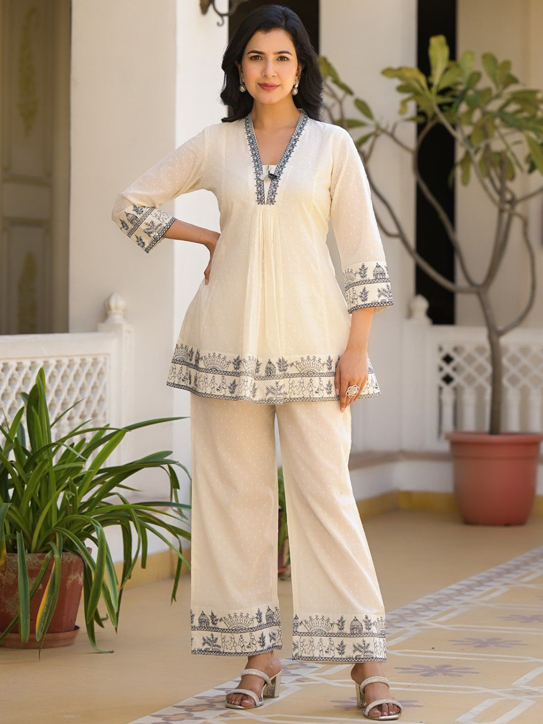 AUTUMN LANE Sakshi Vanilla Embroidered Cotton Co-Ord Set