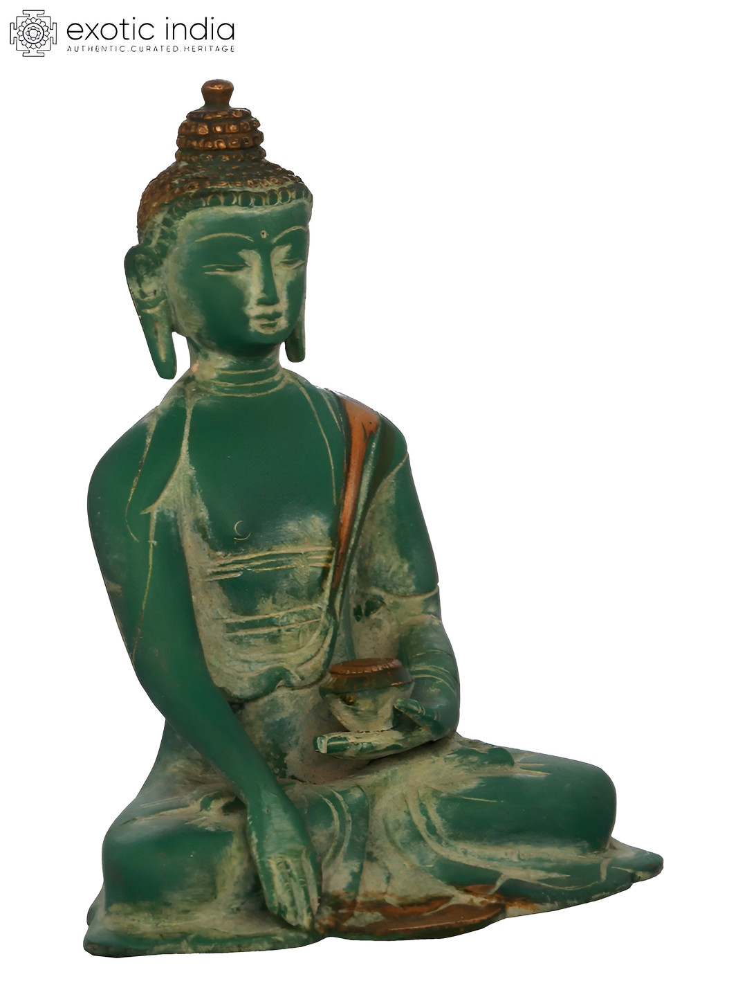 Exotic India Tibetan Buddhist Gold Brass Metallic Living Room Hand Made Small Showpiece - 6 Inches