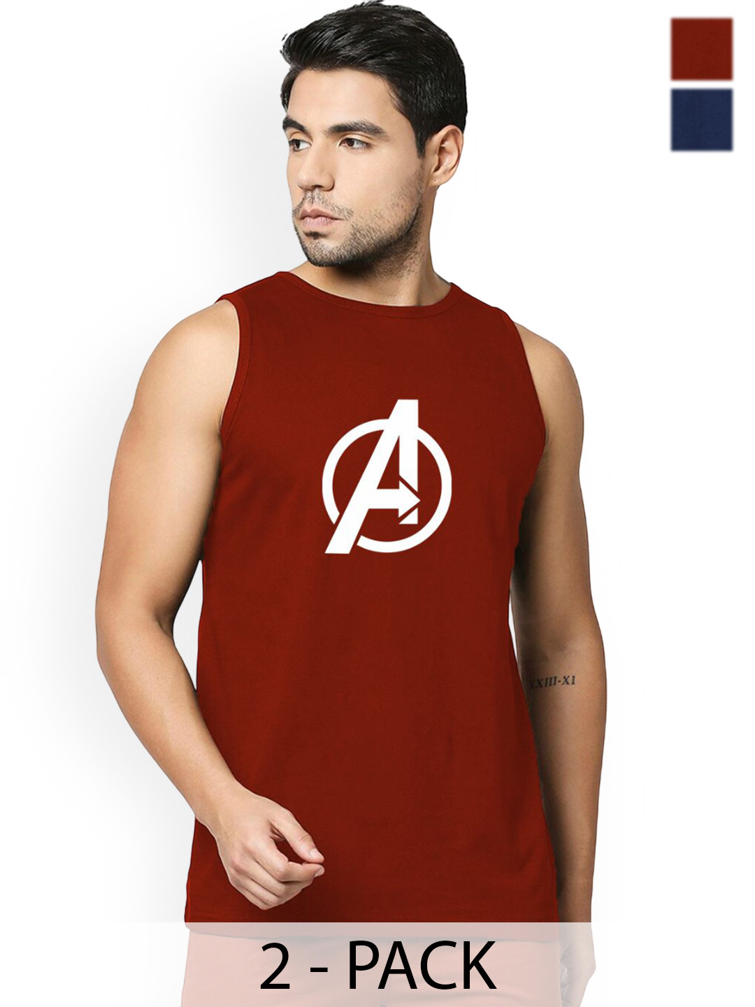 Organic Chics Pack Of 2 Printed Pure Cotton Basic Vests Maroon Avenger-Navy Superman_S