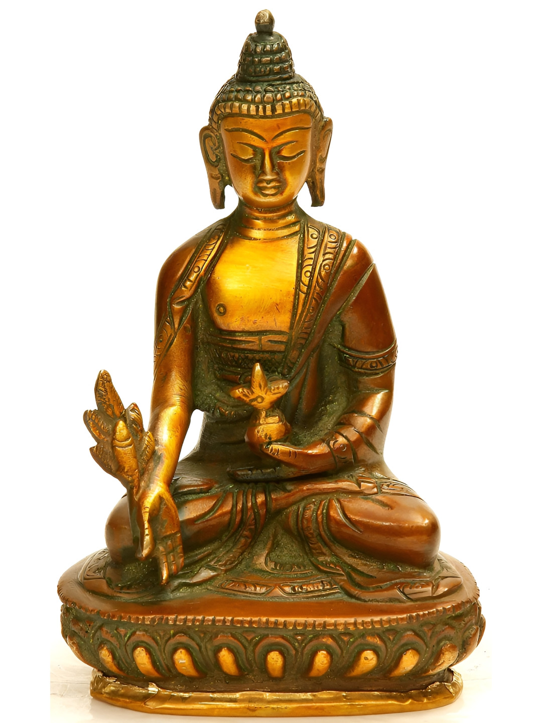 Exotic India Medicine Buddha Gold Brass Metallic Living Room Hand Made Small Showpiece - 5.5 Inches