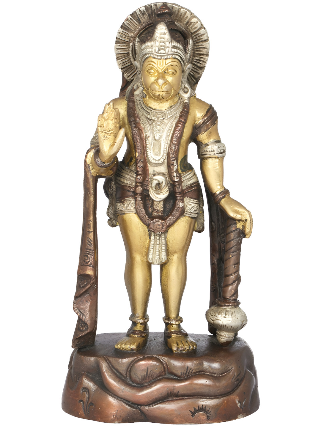 Exotic India Lord Hanuman Silver Brass Metallic Prayer Room Hand Made Small Showpiece - 7.5 Inches