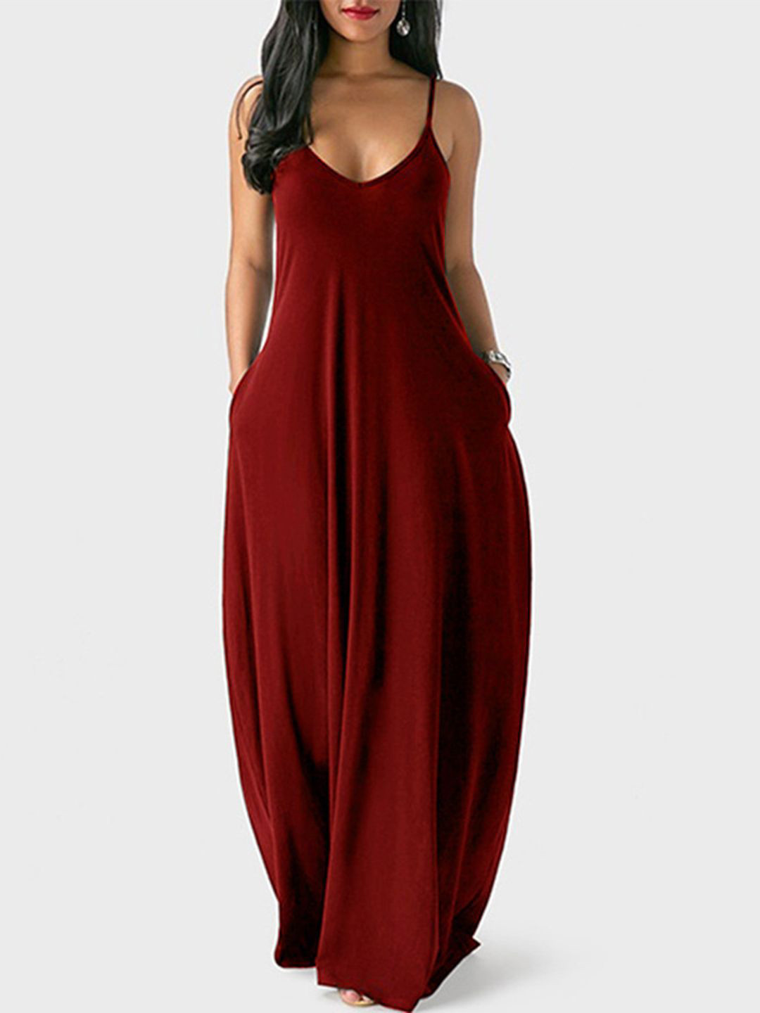 bebe Maroon V-Neck Spaghetti Strap Flowy Maxi Dress