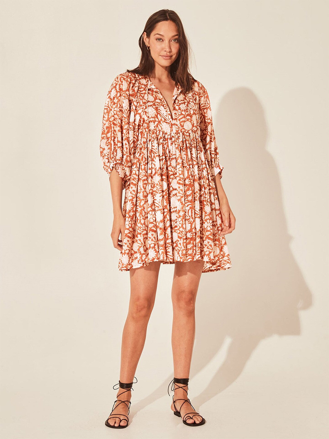 StyleCast Orange Floral Printed Tie-Up Neck Fit & Flare Dress
