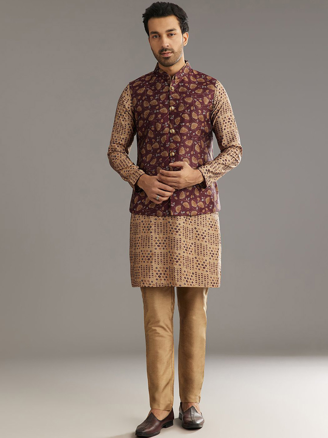 KALKI Fashion Men Floral Printed Regular Chanderi Cotton Kurta Sets With Jacket