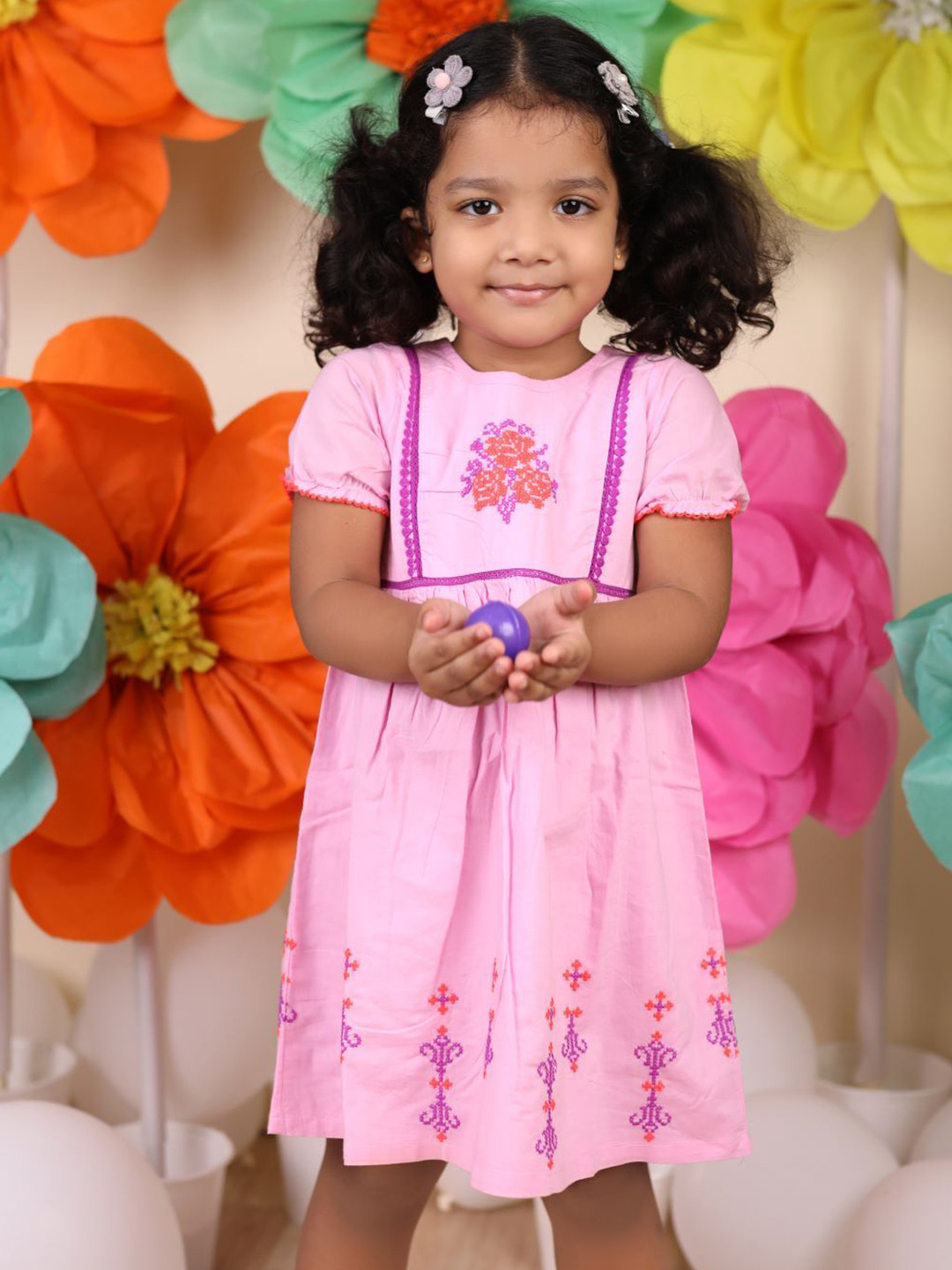 Yellow Rabbit Girl Floral Embroidered Fit & Flare Dress