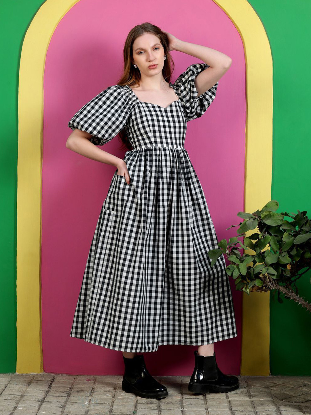 Peppinos Women Checked Pure Cotton Fit and Flare Midi Dress