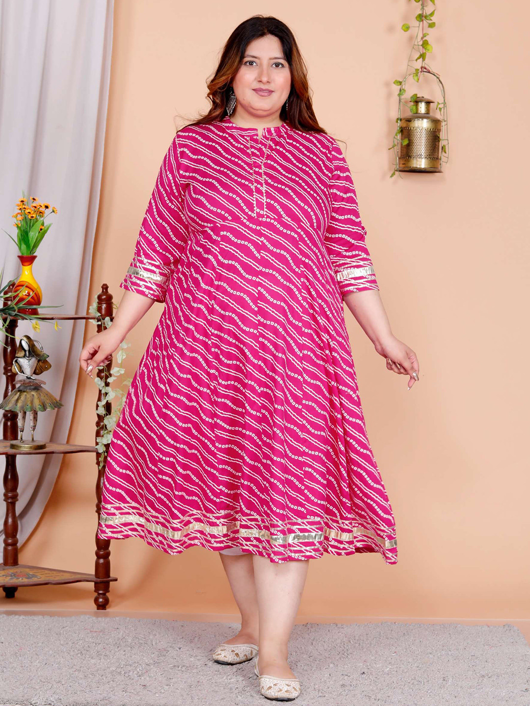 FLAVIA CREATION Bandhani Printed Mandarin Collar Gotta Patti Cotton A-Line Ethnic Dress