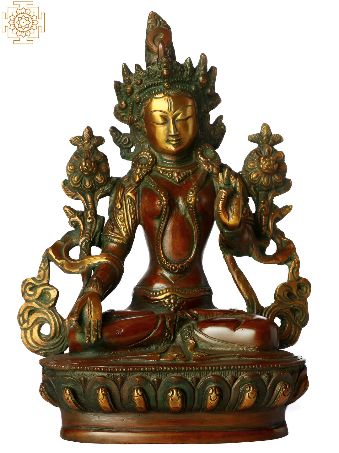 Exotic India Tibetan Buddhist Goddess Tara With Seven Eyes Brown Brass Metallic Living Room Medium Showpiece - 8.7 Inches