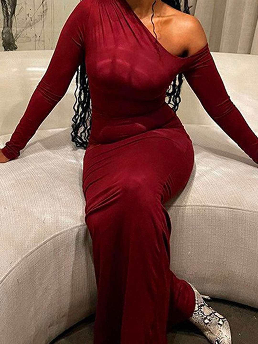 Outzidr Women One Shoulder Full Sleeves Dress