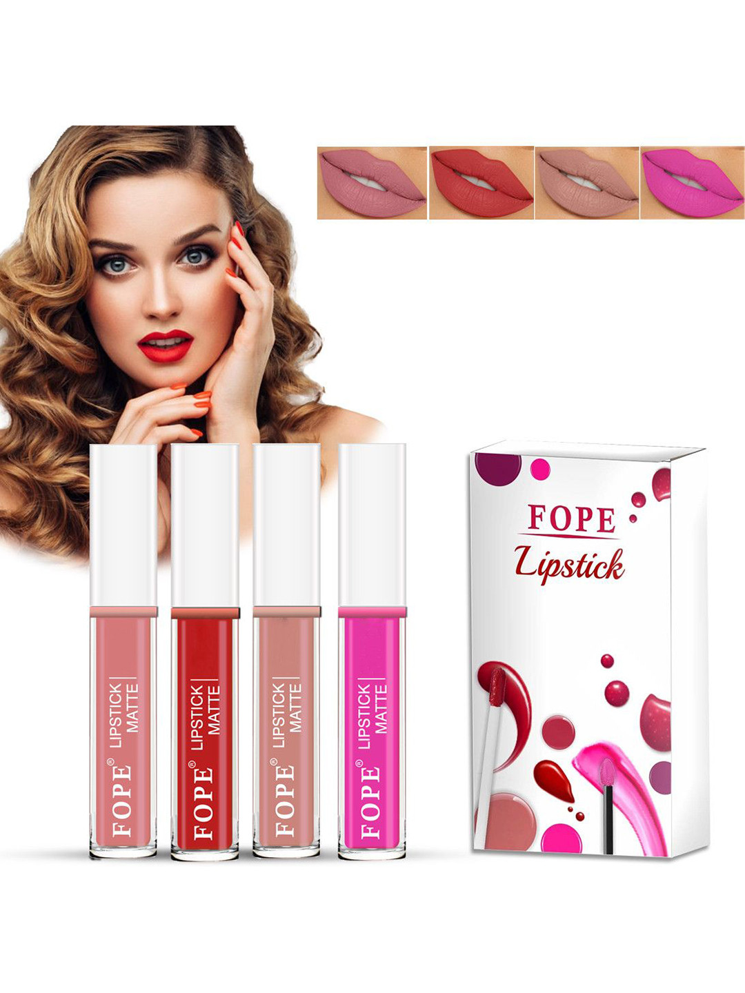 FOPE Set Of 4 Liquid Lipstick-4 ml Each-Old Rose 02-Dusty Red 04-Old Pink 06-Neon Pink 12