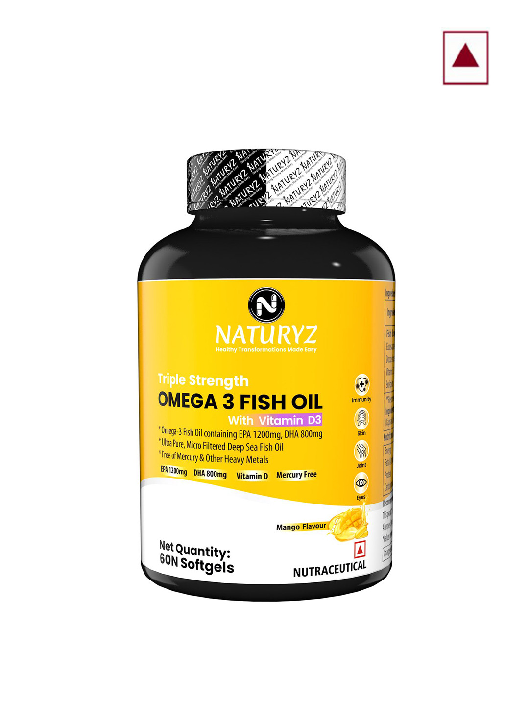 NATURYZ Triple Omega 3 Fish Oil -  60 Softgels - Mango Flavour
