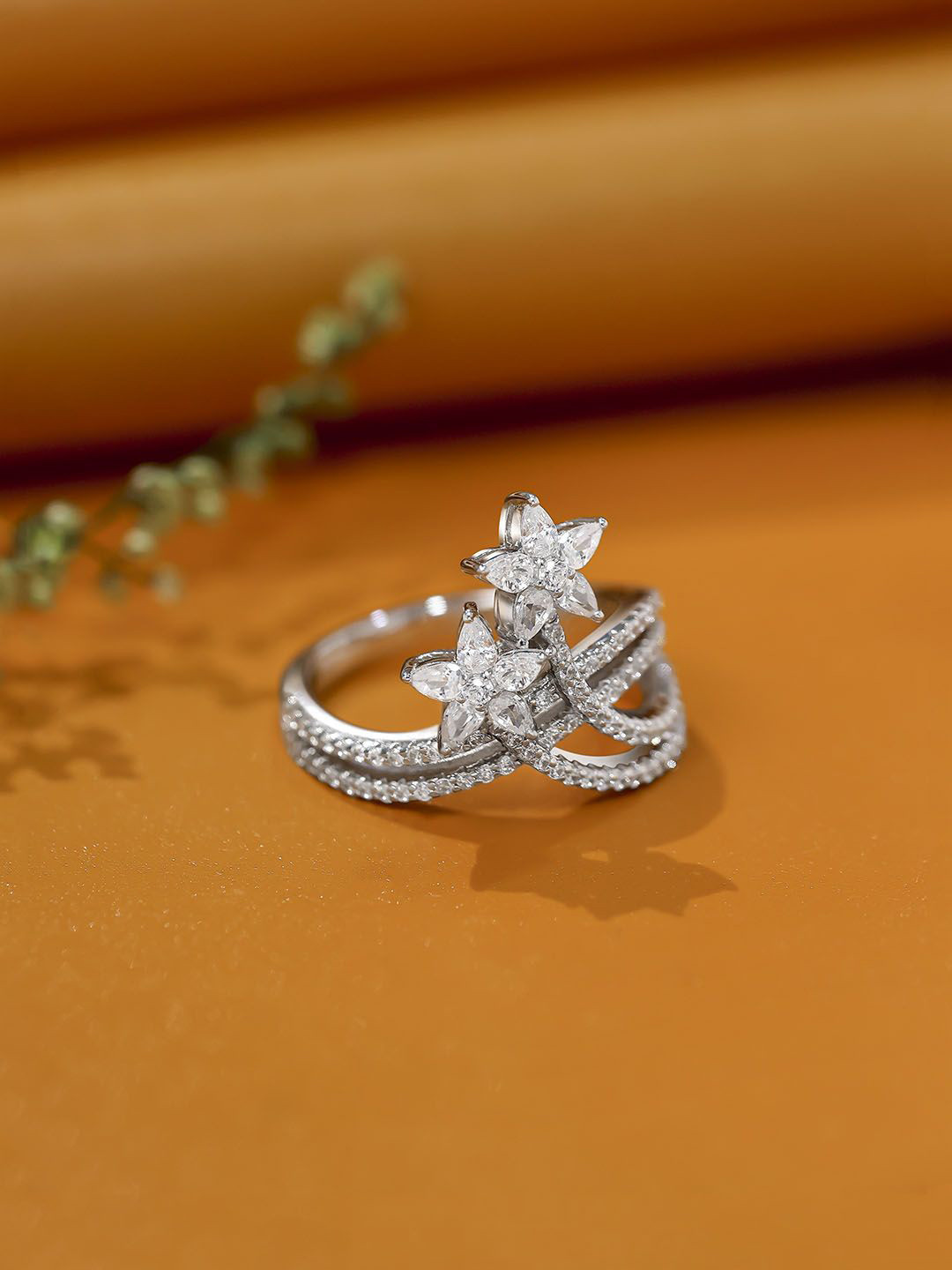 Tweov Jewels 927 Sterling Silver Rhodium Plated American Diamond-CZ Studded Ring