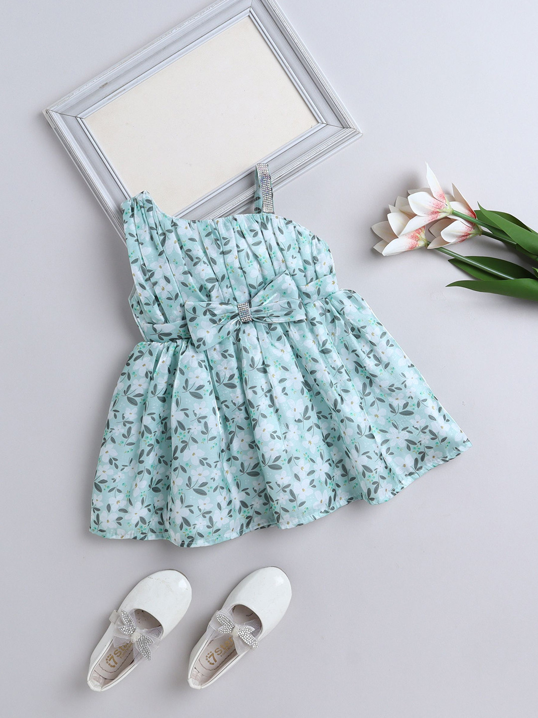 The Magic Wand Girl's Printed One Shoulder Bow Details Fit & Flare Knee Length Dress