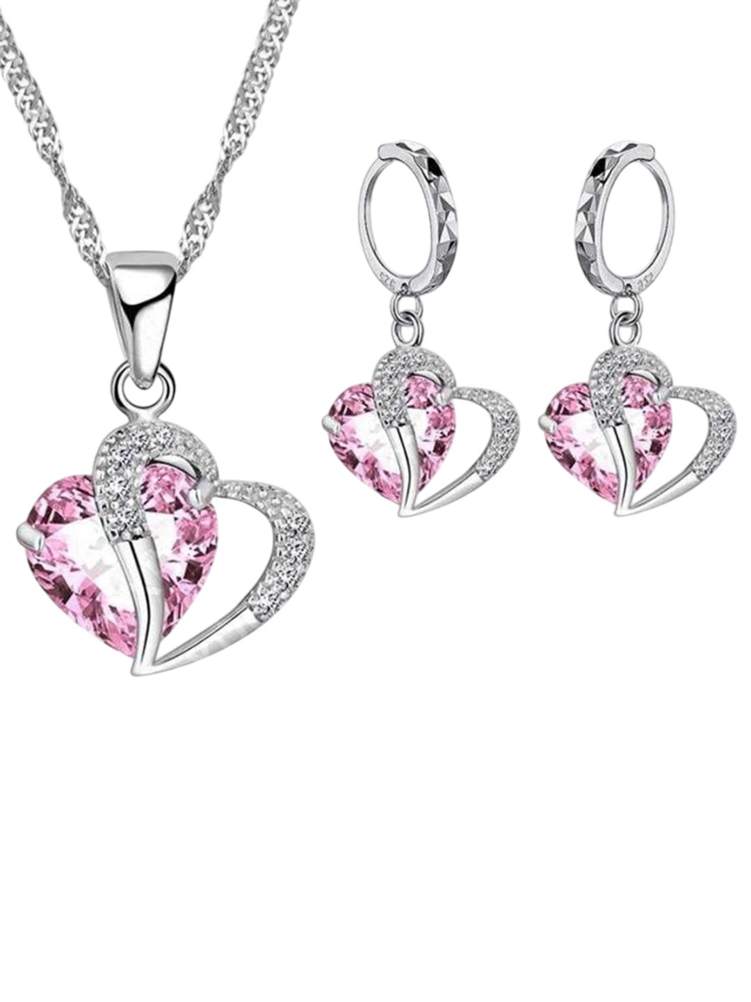 Bling Queen Double Heart Cubic Zirconia-Studded Pendant & Earring Jewellery Set