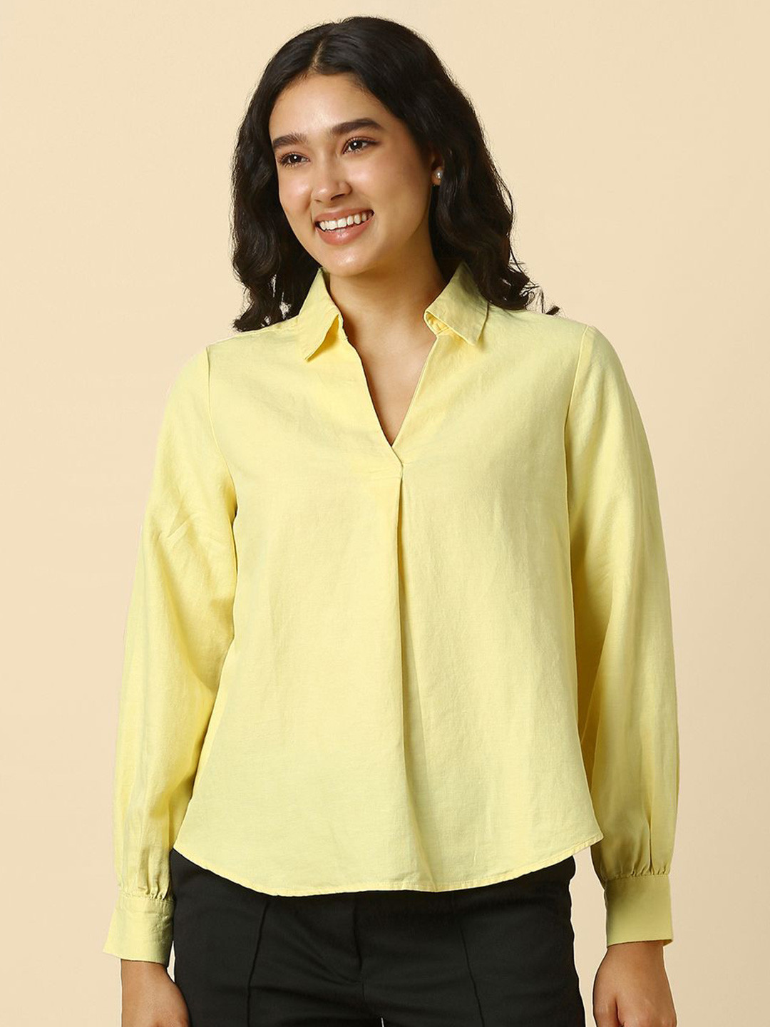 Allen Solly Woman Solid Spread Collar Formal Cotton Linen Shirt