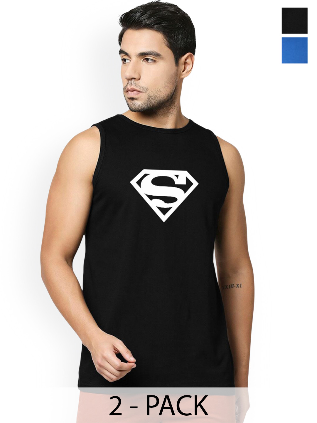 Organic Chics Pack Of 2 Printed Cotton Tanks Royal Avenger-Black Superman_S