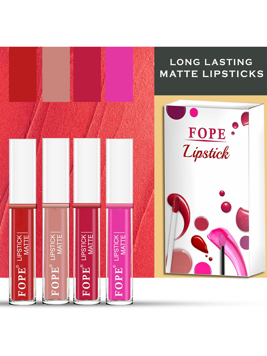 FOPE Set Of 4 Matte Lipstick - 4 ml Each - Dusty Red 04-Old Pink 06-Red 09-Neon Pink 12