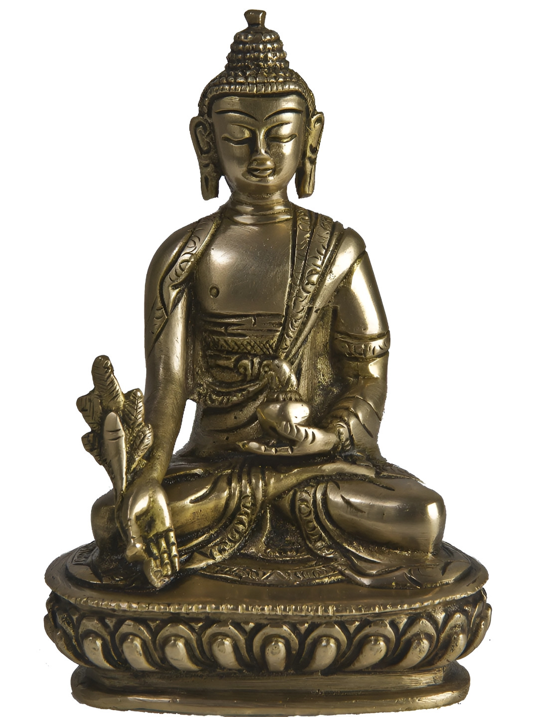 Exotic India Medicine Buddha Gold Brass Metallic Prayer Room Hand Made Small Showpiece - 5.5 Inches