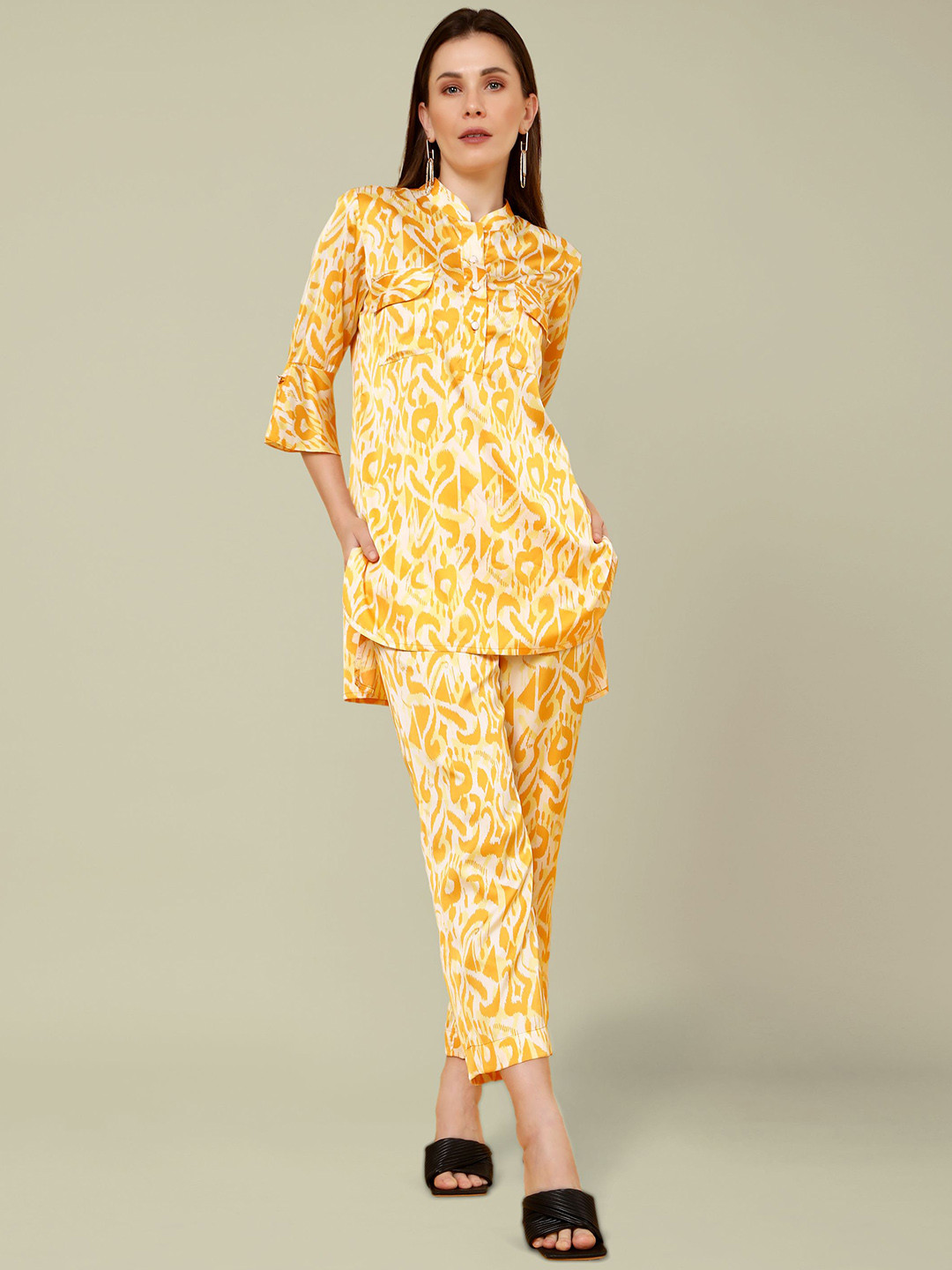 Tamiska By Narendra Kumar Printed Mandarin Collar Top With Trousers Co-Ords