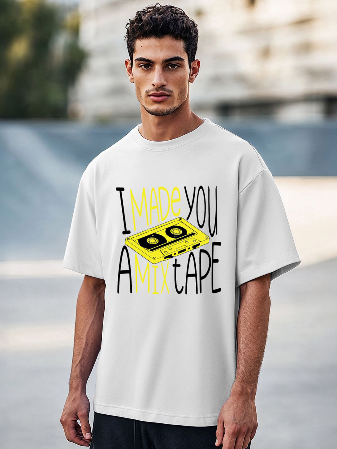 Bewakoof Men Vapour Blue Mix Tape Graphic Printed Oversized T-shirt